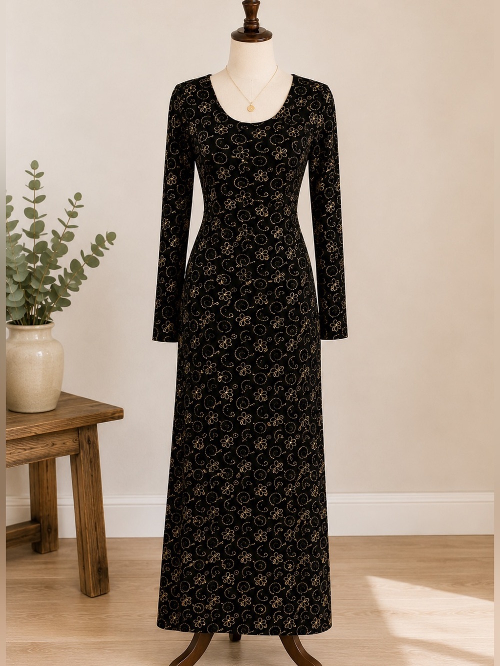 Vintage 90s Beechers Brook Black & Gold Floral Dress Made in Canada Size Medium
